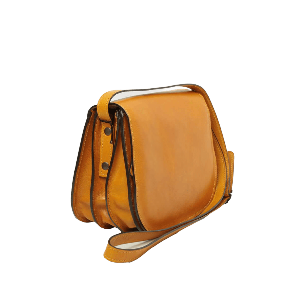 Borsa a tracolla ocra in pelle con fibbie in metallo e tracolla regolabile