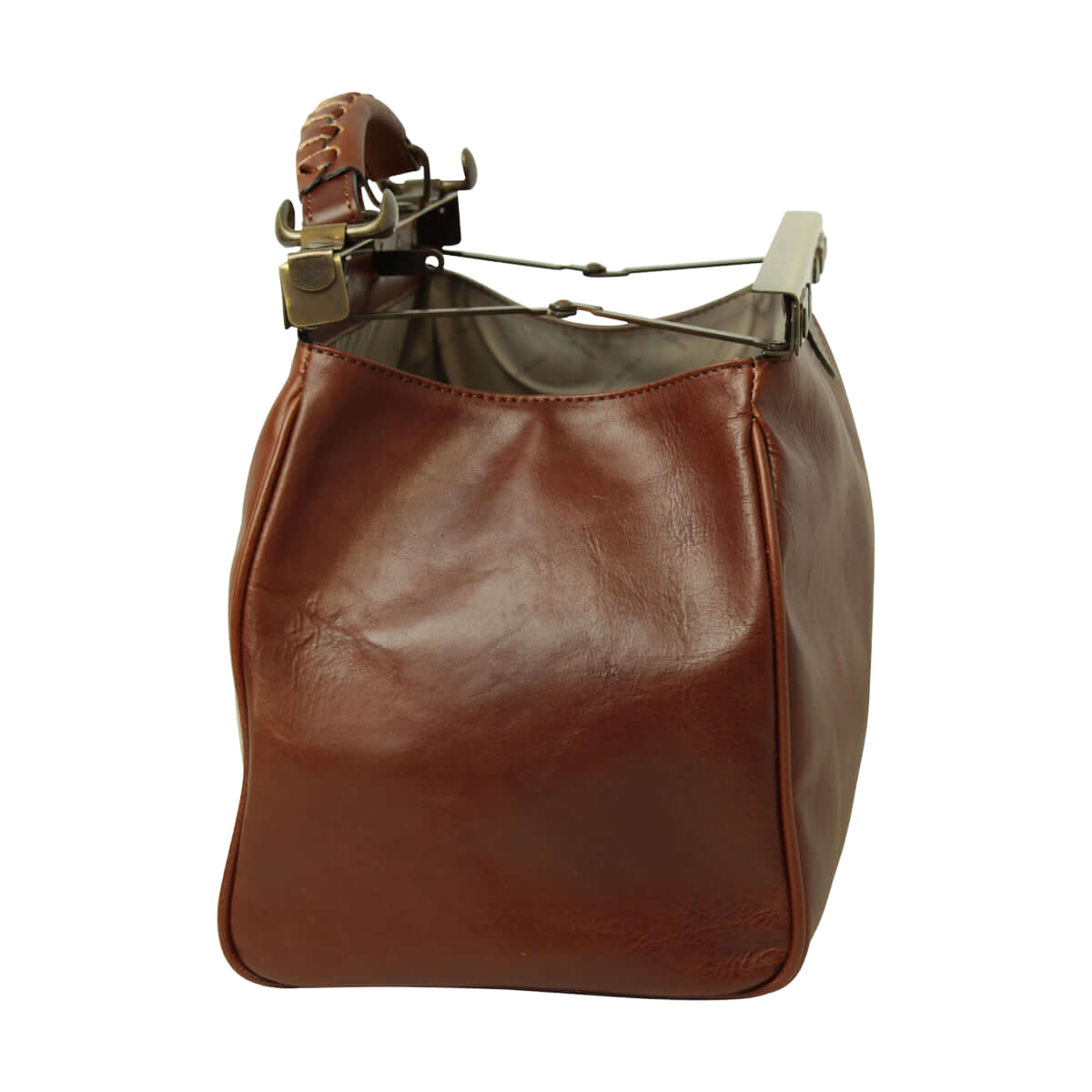 Borsa in pelle marrone aperta, cerniera in alto e fodera interna