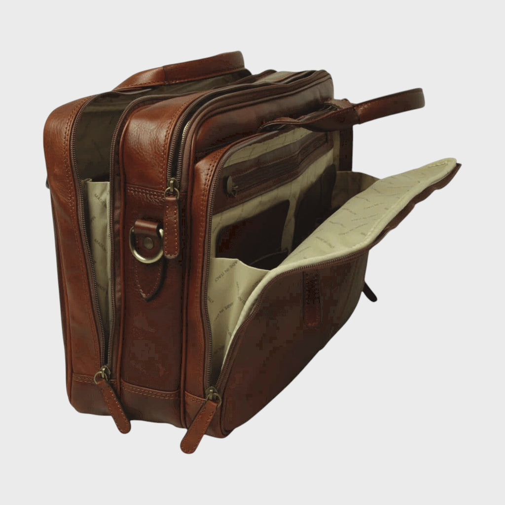 Borsa laptop in pelle marrone con scomparti con zip e manico superiore