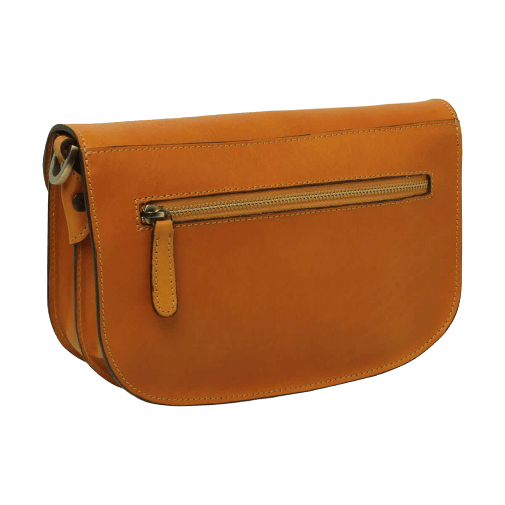 Borsa a tracolla giallo ocra in vitello pieno fiore con zip frontale.