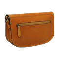Borsa a tracolla giallo ocra in vitello pieno fiore con zip frontale.