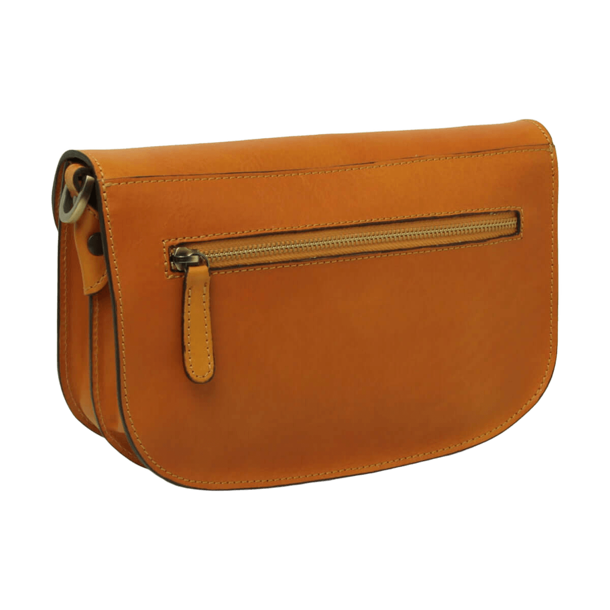 Borsa a tracolla giallo ocra in vitello pieno fiore con zip frontale.