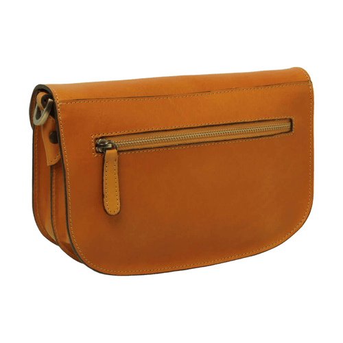 Borsa a tracolla giallo ocra in vitello pieno fiore con zip frontale.