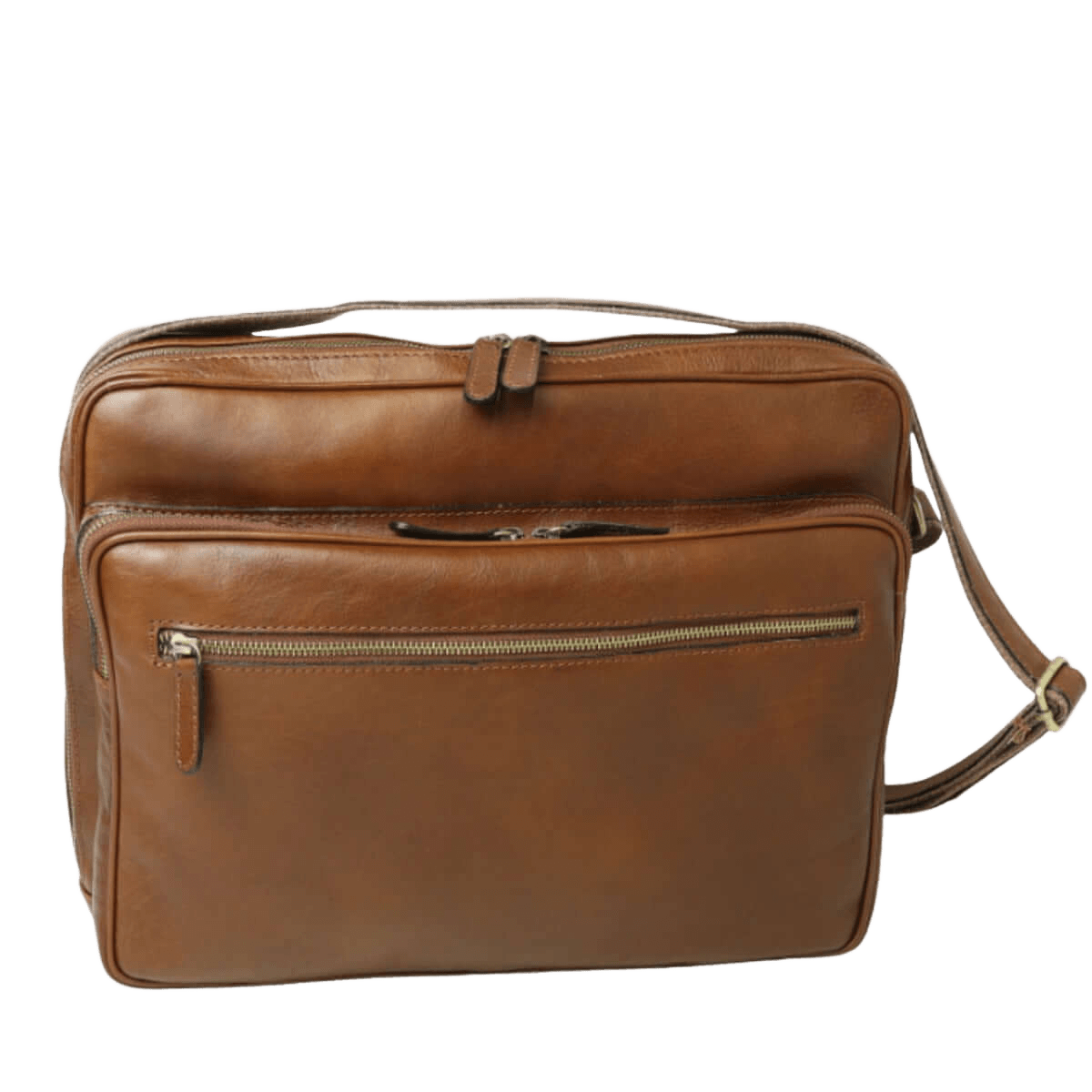 Tracolla in pelle marrone con zip frontale e patta