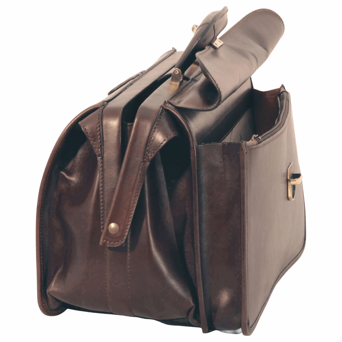 Borsa in pelle testa di moro vista laterale, pattina apribile e interno visibile