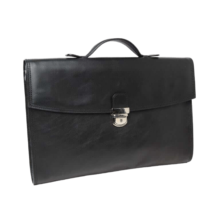 Borsa da ufficio in pelle nera con manico e patta con fibbia metallica