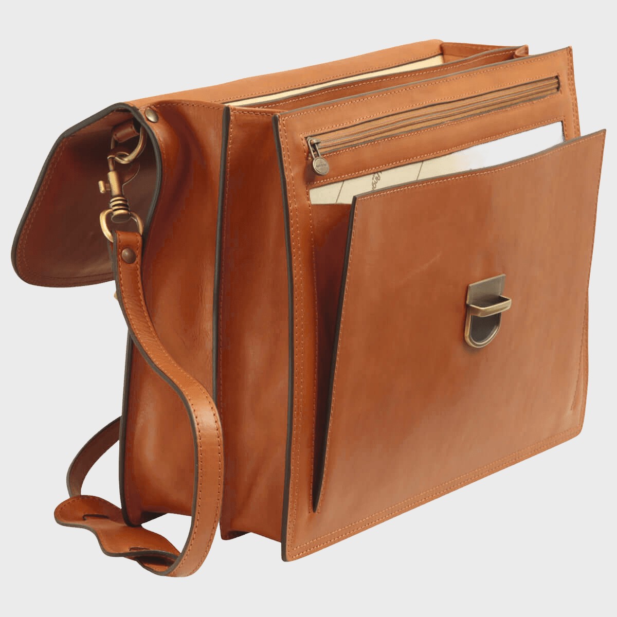 Borsa in pelle marrone da uomo con tracolla e doppie tasche con zip