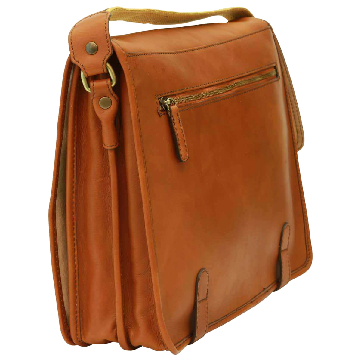 Borsa messenger in vitello nappato cuoio con patta, fibbie e zip frontale