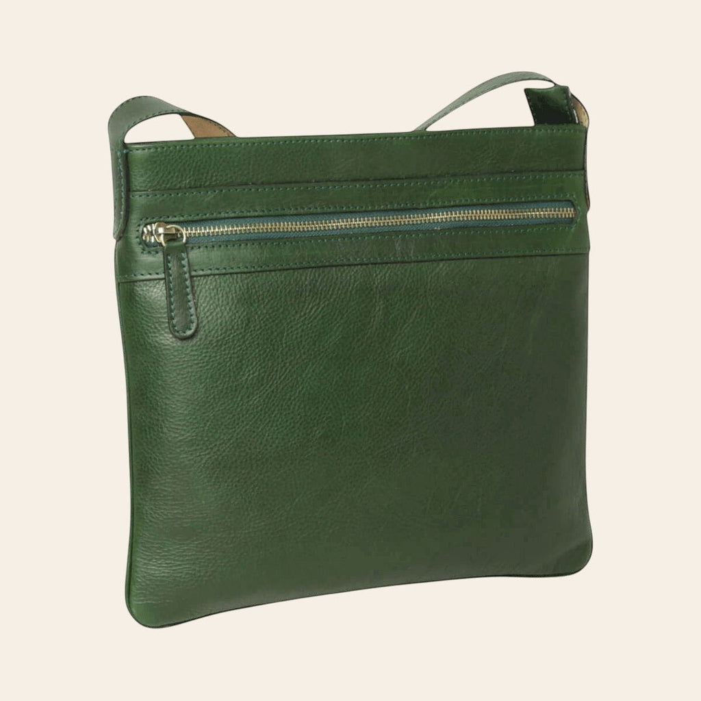 Borsa a tracolla grande in pelle verde con zip centrale e tasca frontale