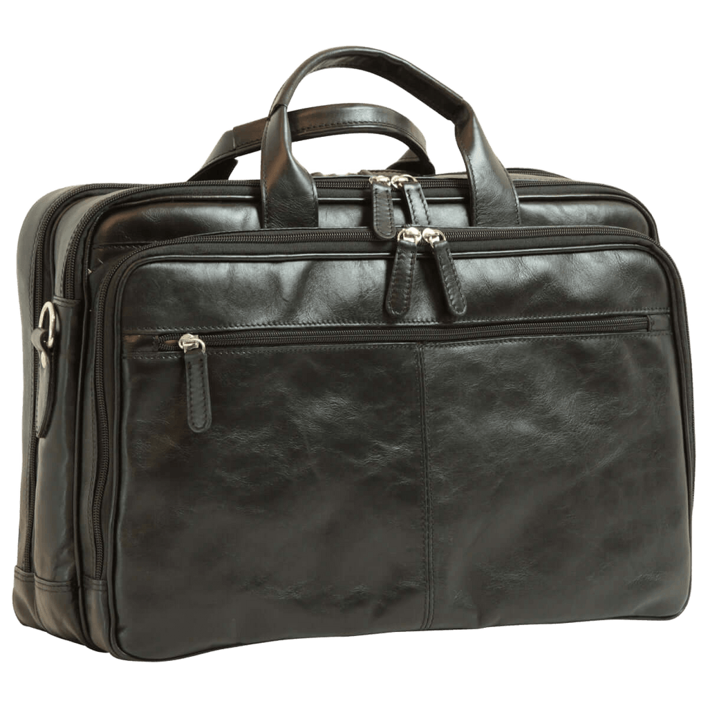 Borsa portatile in pelle nera da uomo, vista laterale con zip e maniglia imbottita