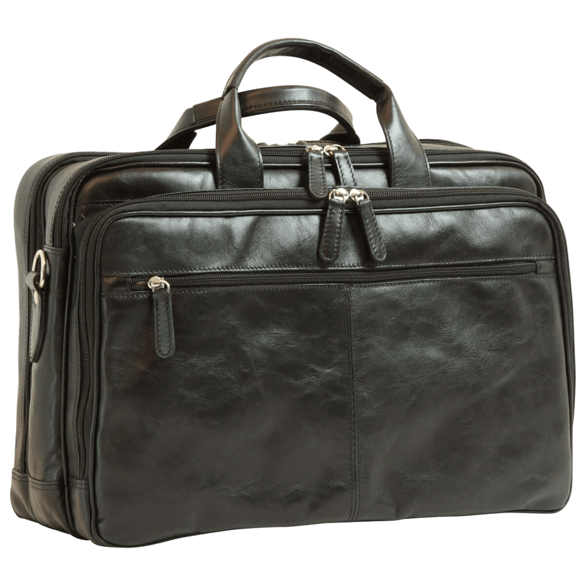Borsa portatile in pelle nera da uomo, vista laterale con zip e maniglia imbottita