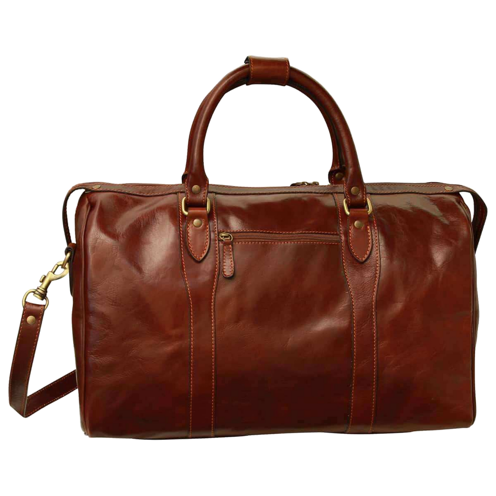 Borsa da viaggio in pelle marrone con tracolla e cerniera frontale