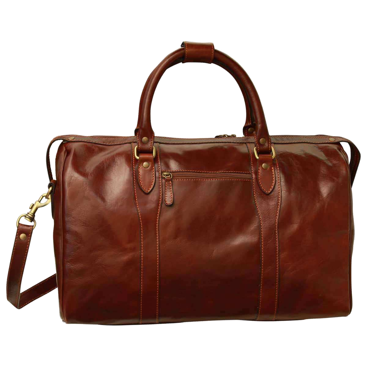 Borsa da viaggio in pelle marrone con tracolla e cerniera frontale