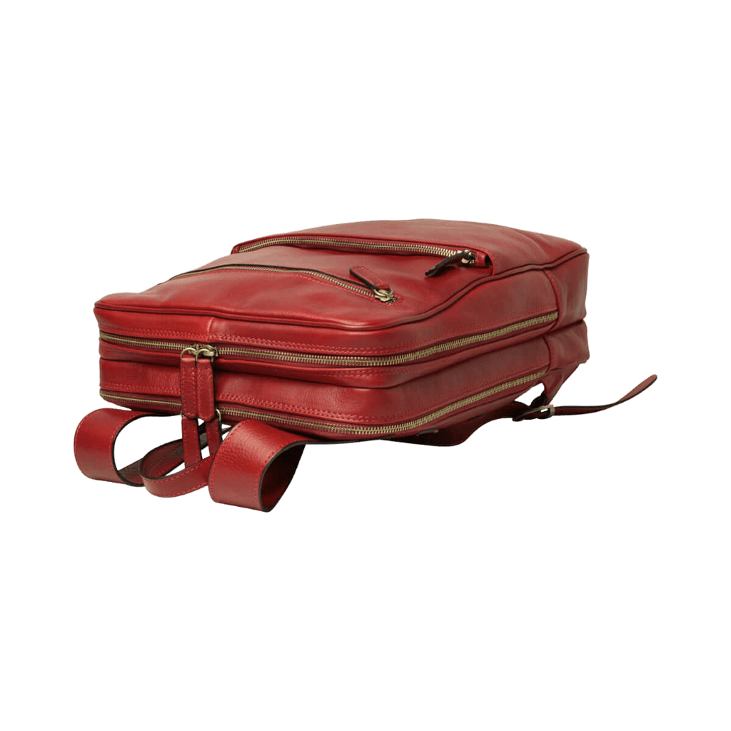 Zaino in pelle rosso con tasca frontale con zip e fascia per trolley