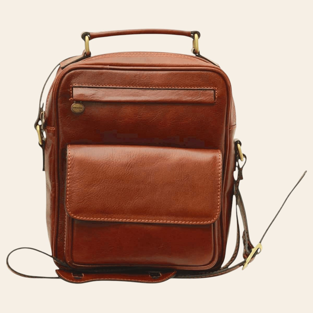 Borsa a tracolla in pelle marrone con tasca frontale e tracolla regolabile