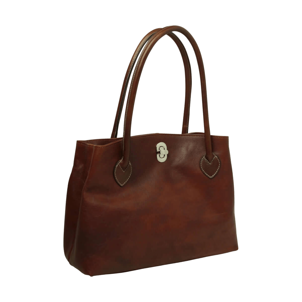 Borsa in pelle mogano con chiusura a fibbia metallica e due manici.