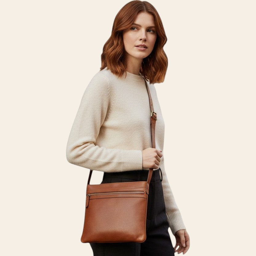 Borsa a tracolla in pelle marrone indossata, chiusura con zip frontale