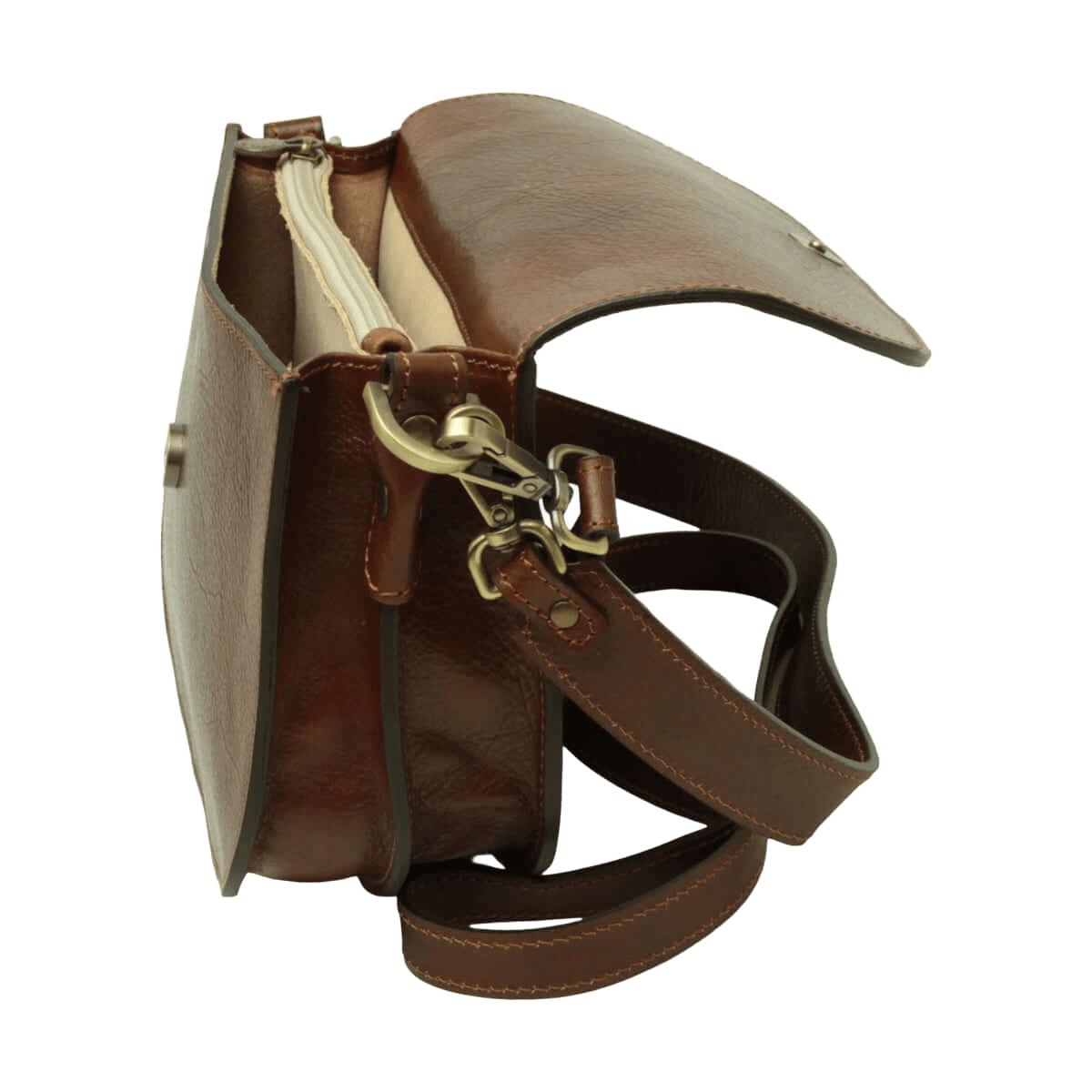Borsa a tracolla marrone in vitello pieno fiore con interno foderato e tasca