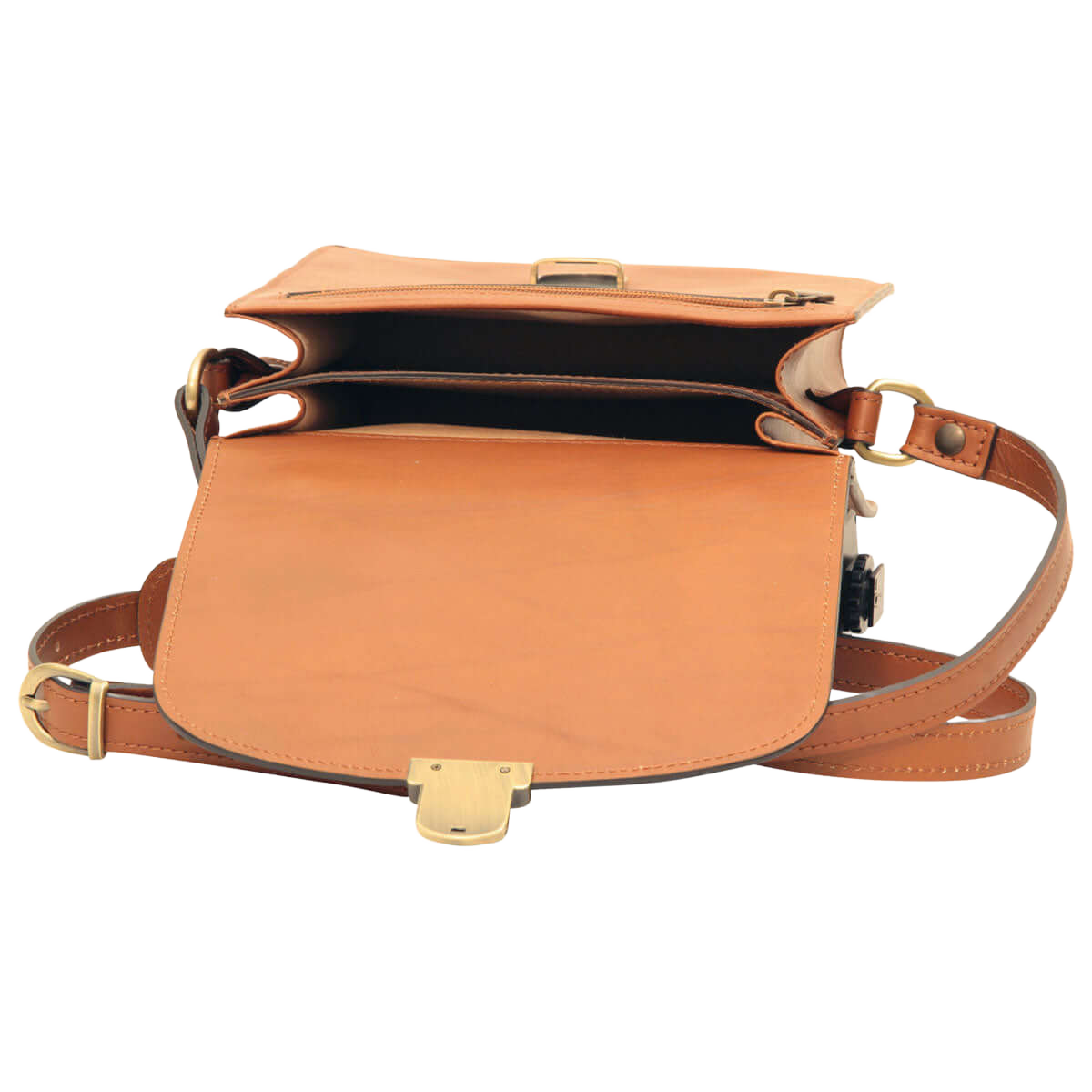 Borsa a tracolla in pelle marrone con fibbia e tracolla regolabile