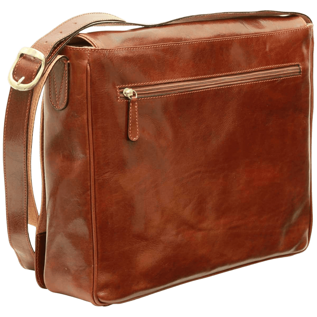 Borsa messenger in pelle pieno fiore marrone Old Angler con tasca con zip