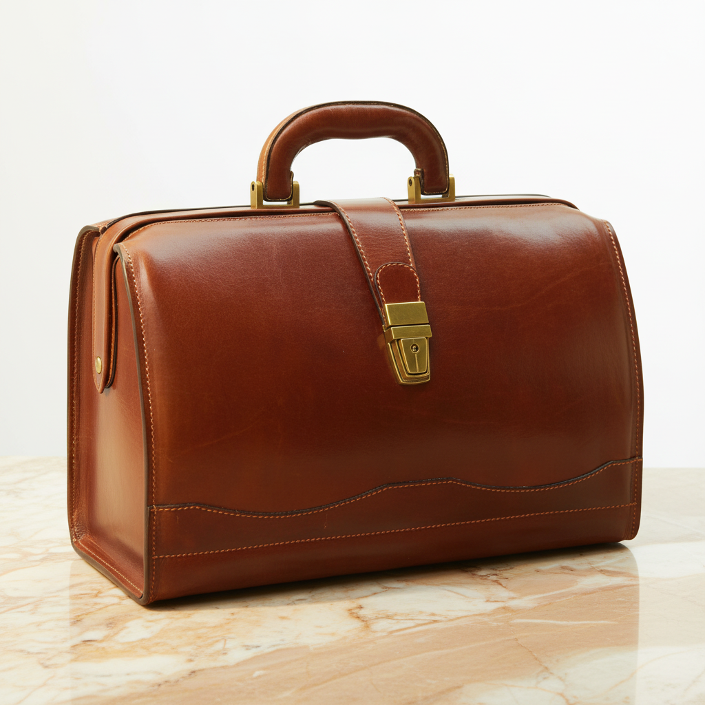 Borsa da medico in pelle marrone con manici ad arco e fibbia centrale dorata