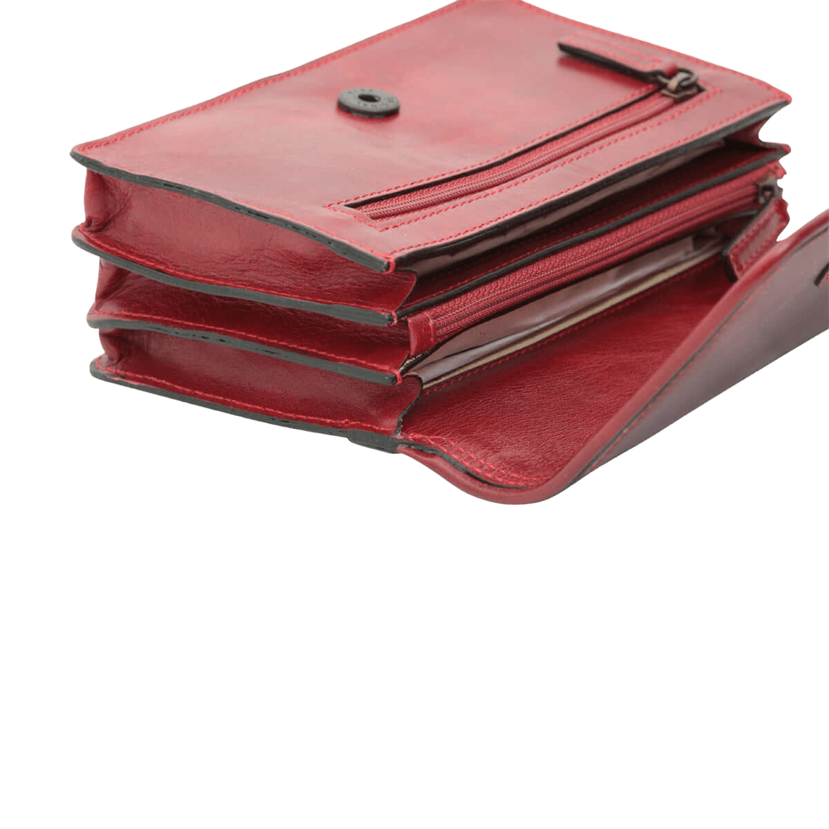 Pochette in pelle rossa con chiusura a bottone e più scomparti interni