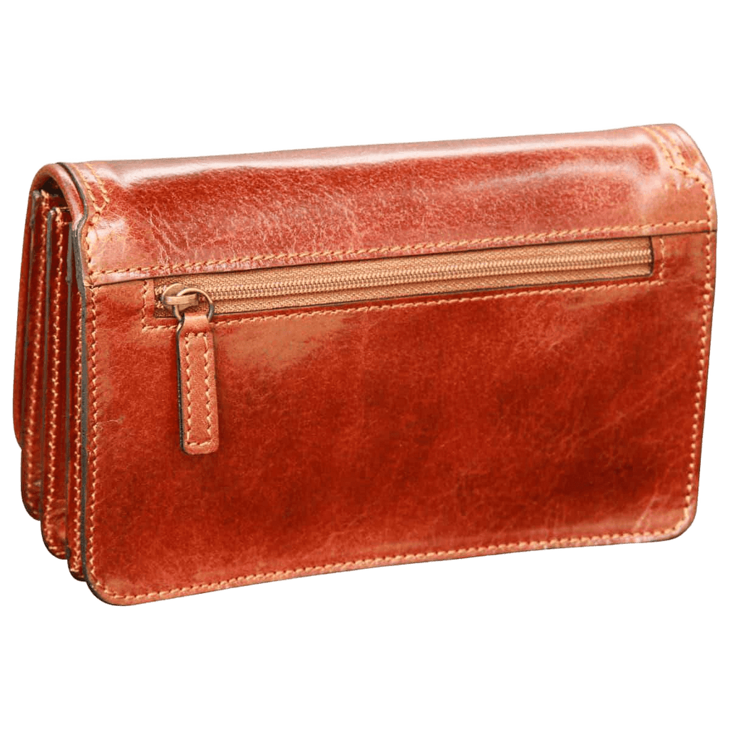 Pochette in pelle marrone chiusa, patta e cerniera orizzontale con tirante