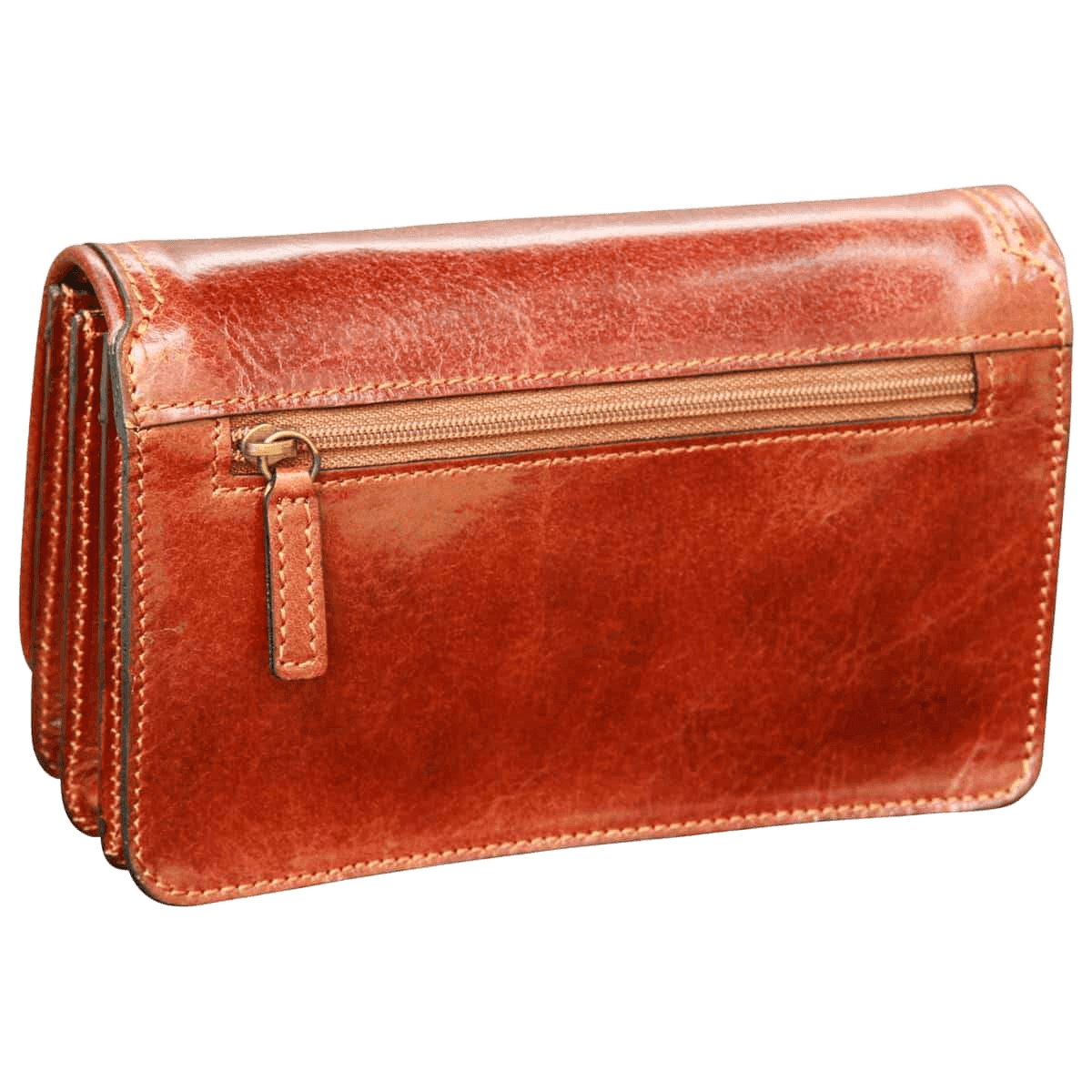Pochette in pelle marrone chiusa, patta e cerniera orizzontale con tirante