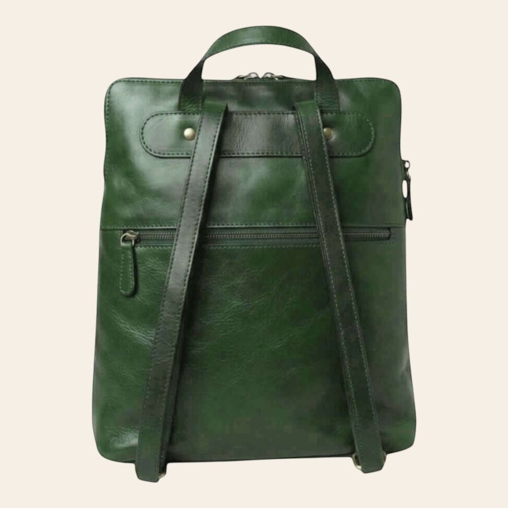 Sac à dos en cuir de veau pleine fleur vert, avec bretelles et poches avant