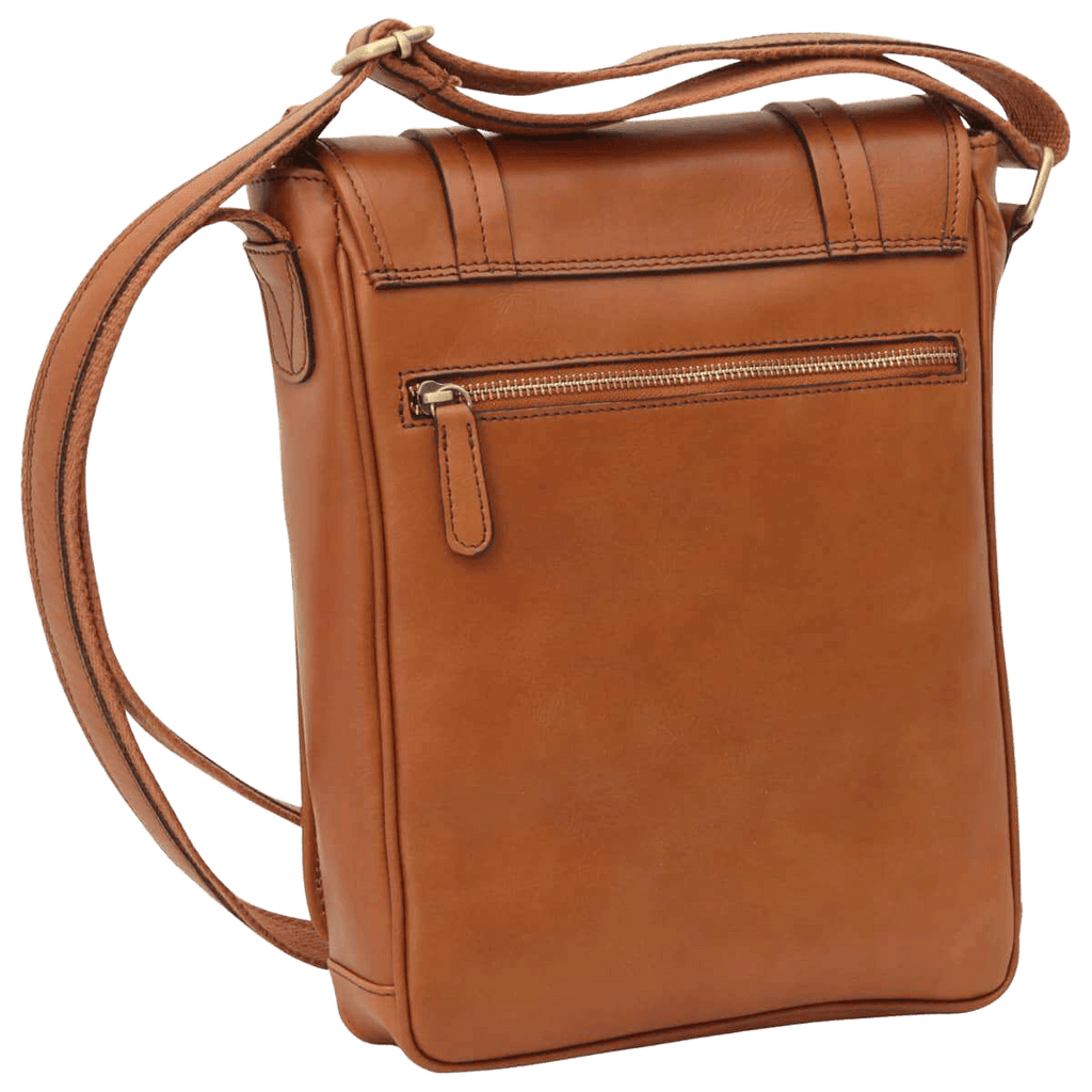 Borsa messenger marrone con patta e tasca con zip, tracolla
