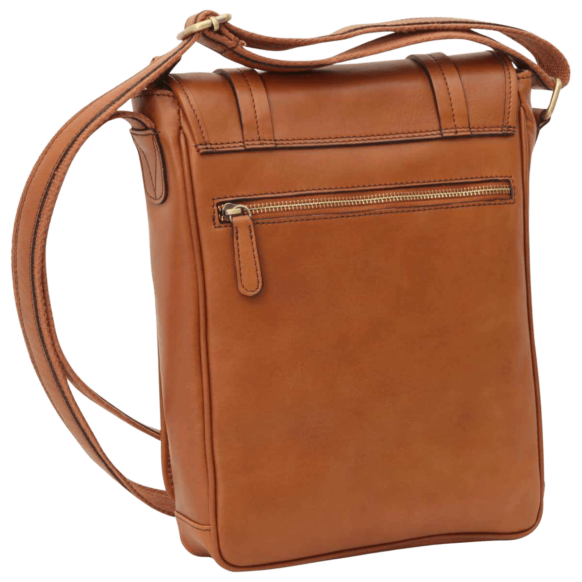 Borsa messenger marrone con patta e tasca con zip, tracolla