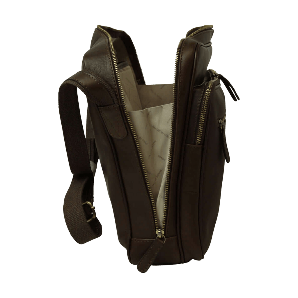 Borsa messenger in pelle marrone scuro grande con interno chiaro e zip a vista