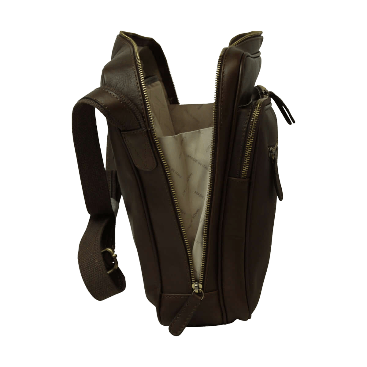 Borsa messenger in pelle marrone scuro grande con interno chiaro e zip a vista
