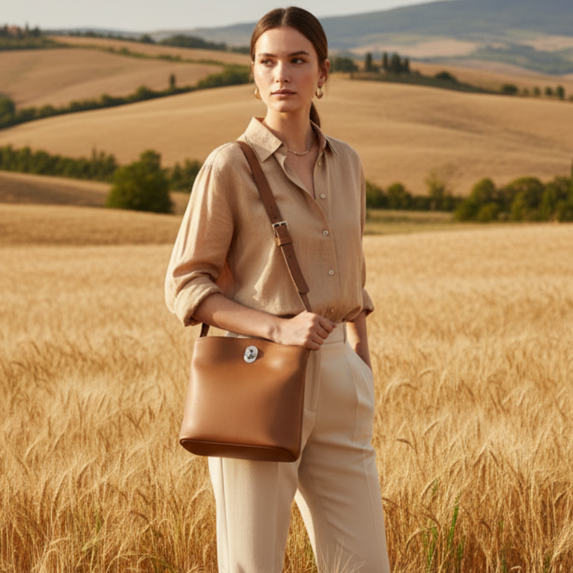 Borsa secchiello in pelle color teak con tracolla in cuoio portata a spalla