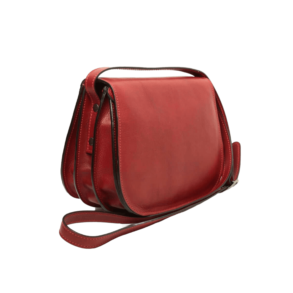 Borsa a tracolla in pelle rossa con tracolla regolabile e tasca con zip