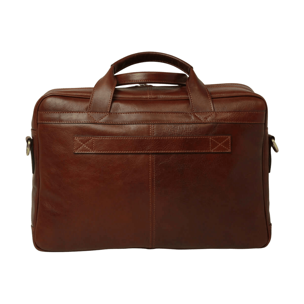 Borsa per laptop in pelle marrone con manici superiori e pannello decorato.
