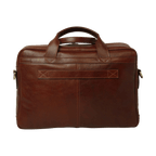 Borsa per laptop in pelle marrone con manici superiori e pannello decorato.