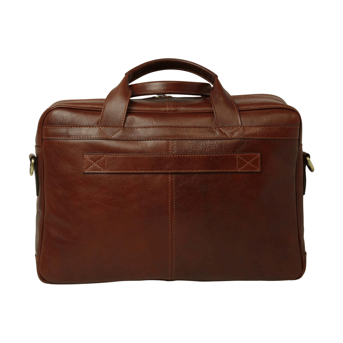 Borsa per laptop in pelle marrone con manici superiori e pannello decorato.