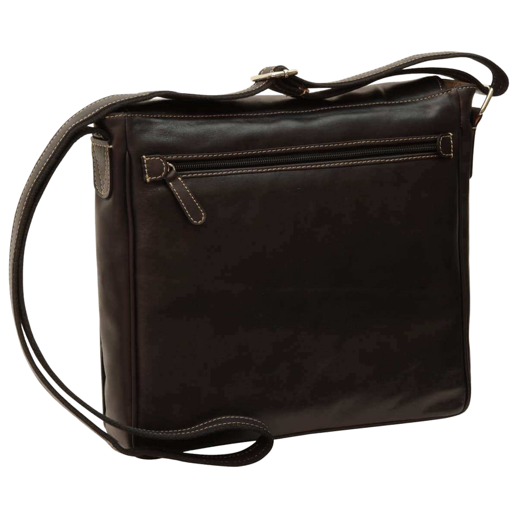 Borsa messenger in pelle nera con patta e tracolla regolabile