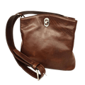Borsa a secchiello in pelle color castagna con tracolla e fibbia metallica