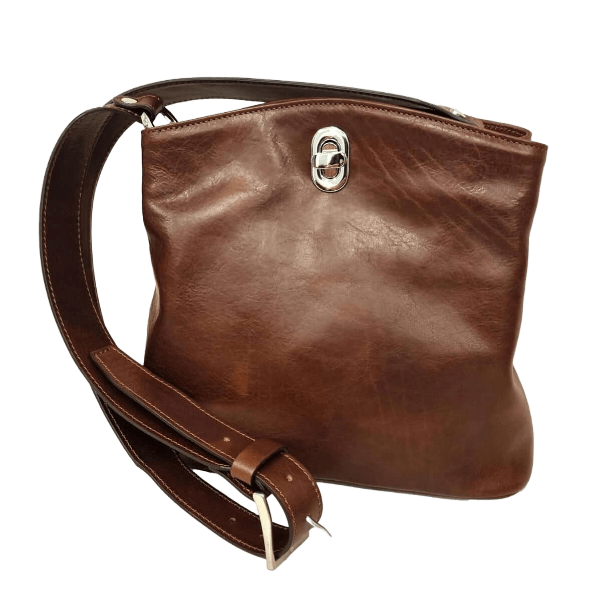 Borsa a secchiello in pelle color castagna con tracolla e fibbia metallica