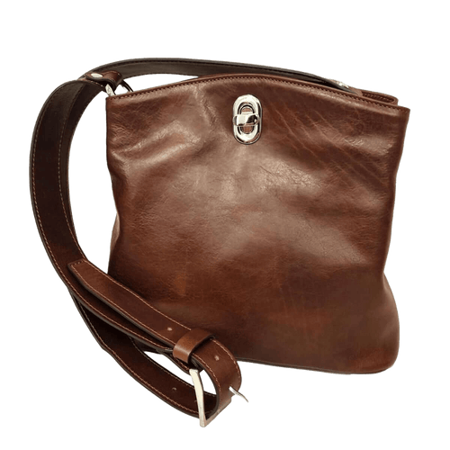 Borsa a secchiello in pelle color castagna con tracolla e fibbia metallica