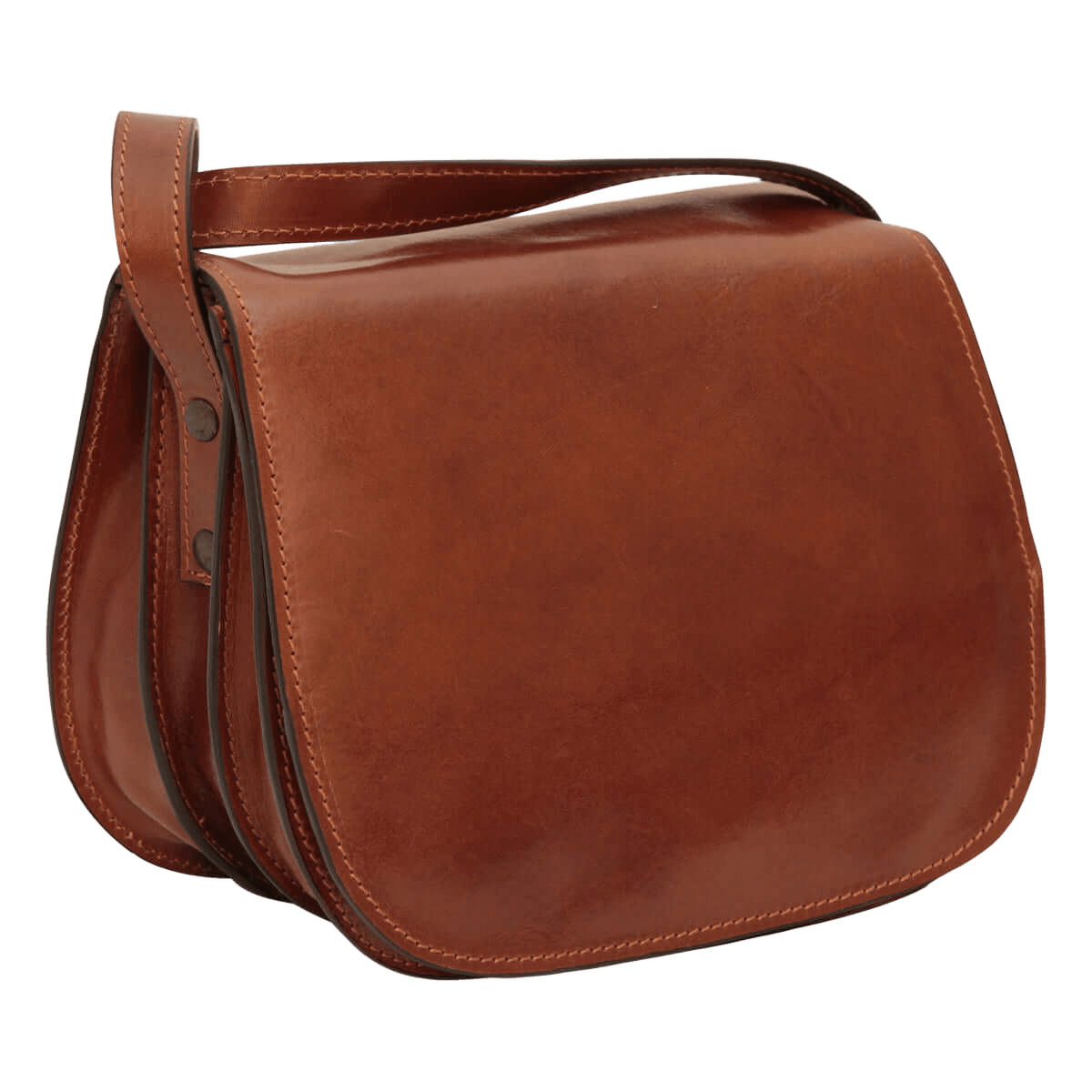 Borsa a tracolla in pelle marrone con patta e tracolla regolabile