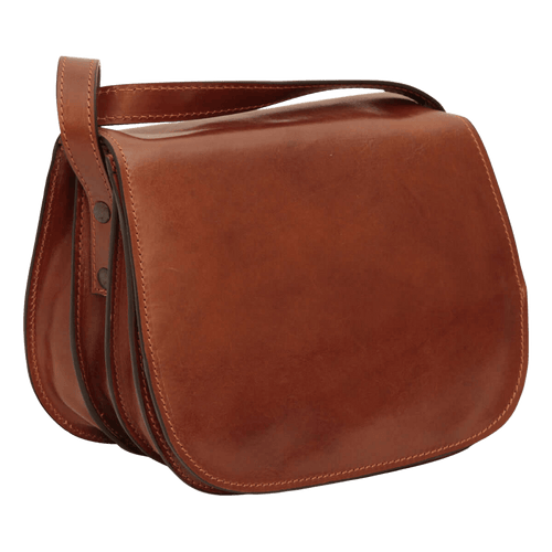 Borsa a tracolla in pelle marrone con patta e tracolla regolabile