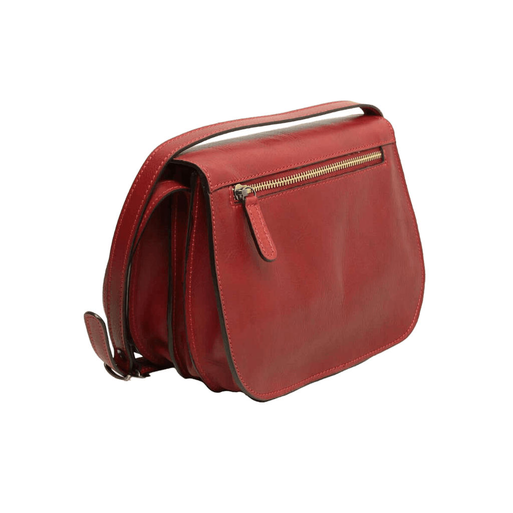 Borsa a tracolla in pelle rossa con chiusura lampo e dettagli laterali