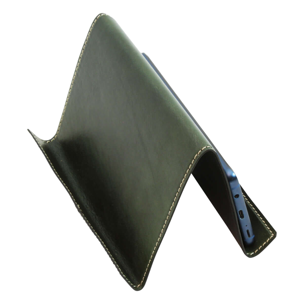 Supporto in pelle verde per iPad e iPhone, supporto aperto con telefono visibile