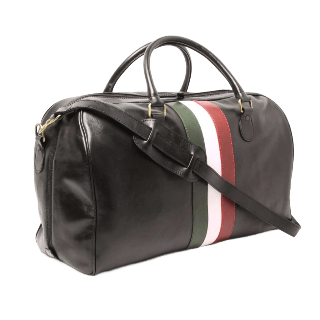 Borsa da viaggio nera in pelle con tracolla e fascia tricolore bianco-rosso-verde