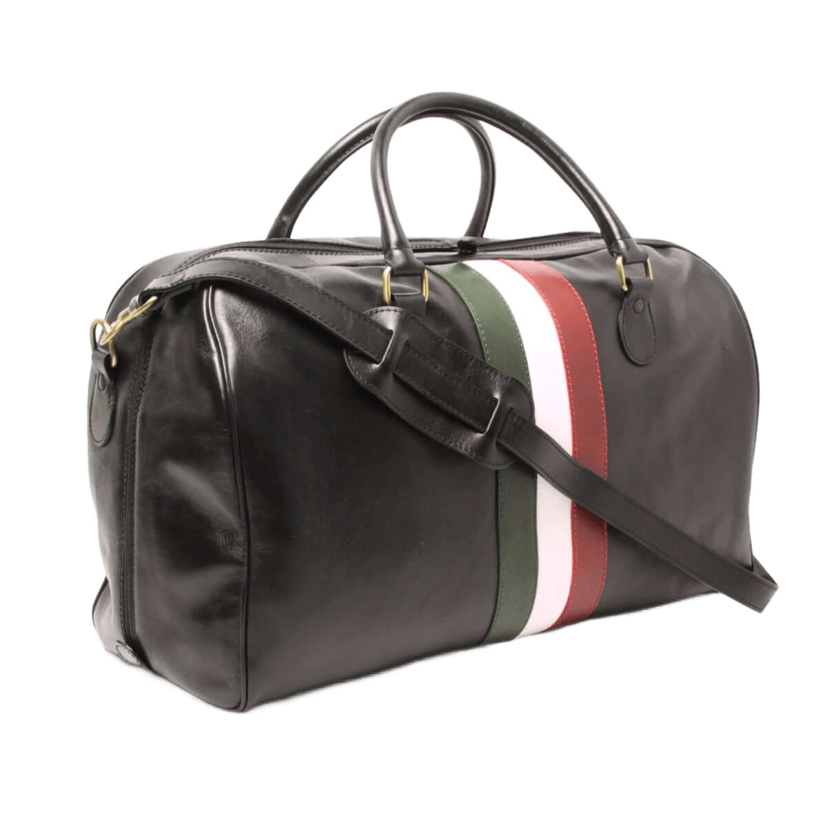 Borsa da viaggio nera in pelle con tracolla e fascia tricolore bianco-rosso-verde