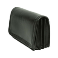 Pochette in pelle nera con patta e doppia apertura a zip sul lato.
