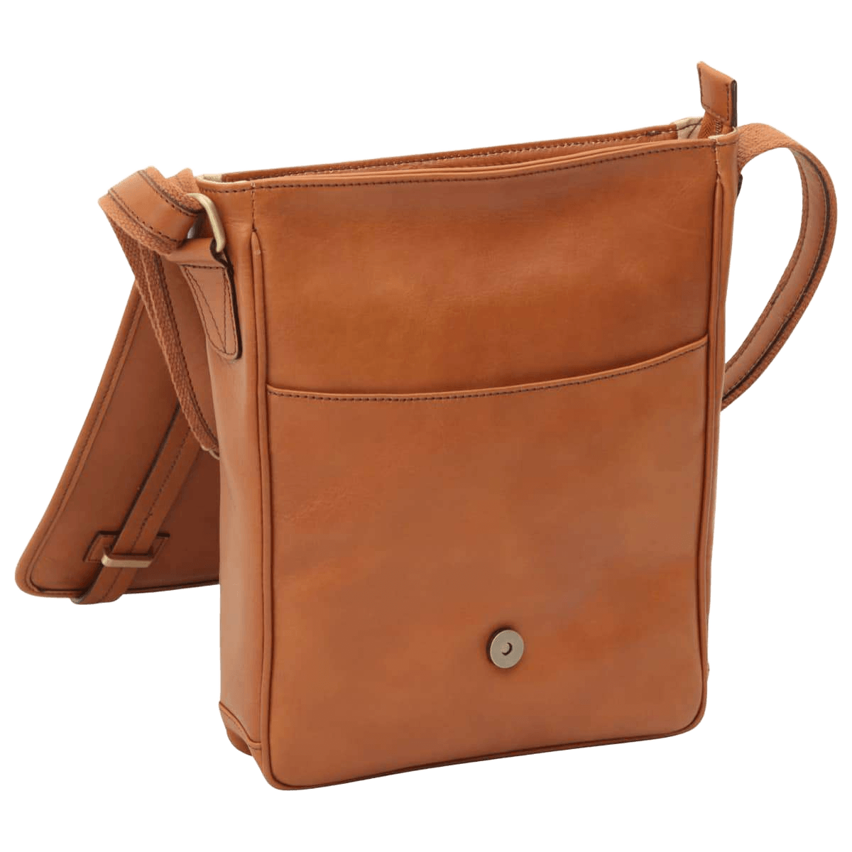 Borsa messenger marrone con patta frontale e bottone magnetico, tracolla